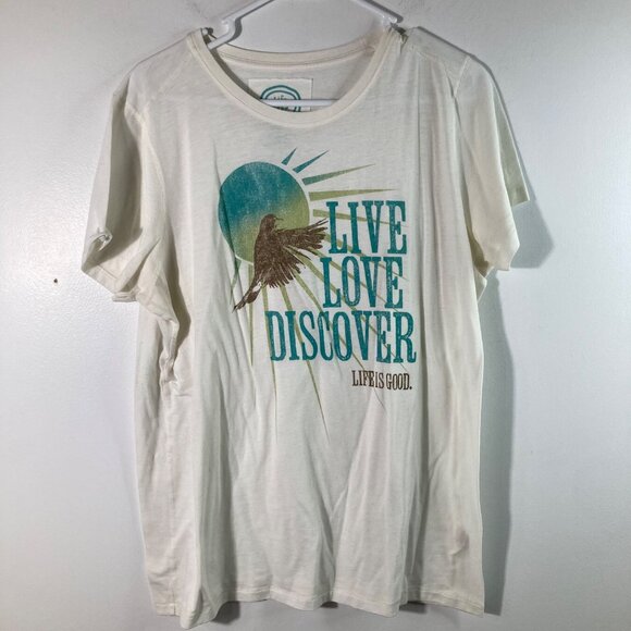 Womens Life Is Good Classic Fit Tee Live Love Discover White Green Brown XL Cott - Picture 1 of 10